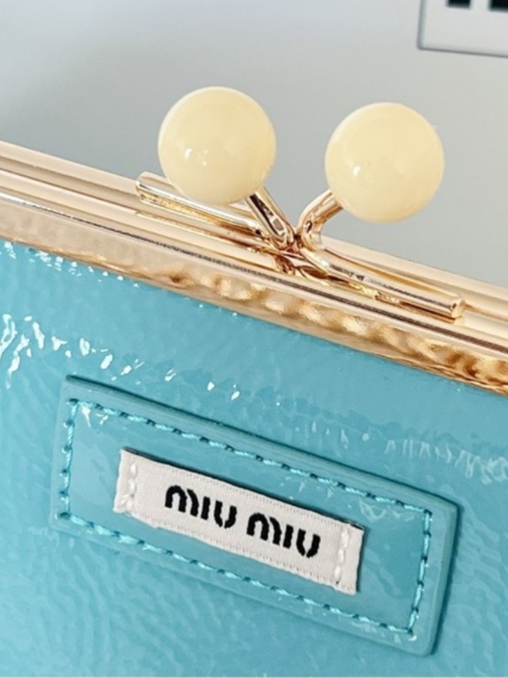 Miu Miu Patent Leather Teal Blue Aqua Shoulder Bag Clutch Gold Chain Purse - Picture 4 of 8